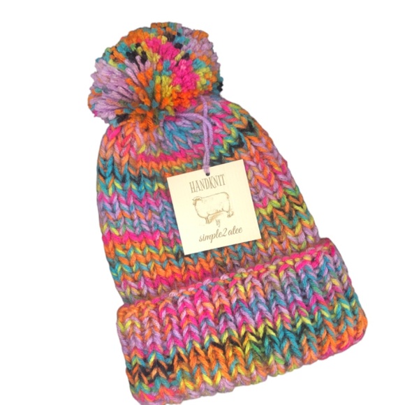 Pink Rainbow Bright Multi Color Double Strand Chunky Beanie with Pom Pom main image 13